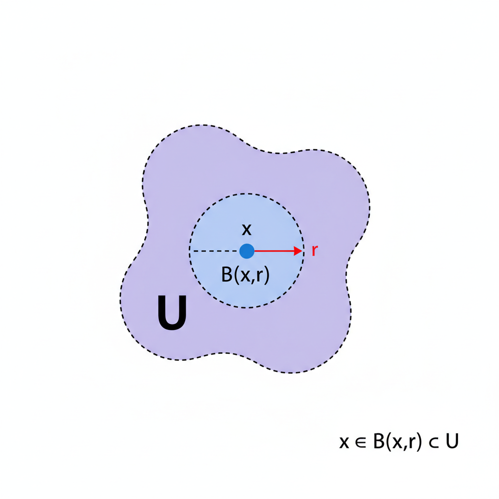 A set U is an open set of the strong topology if and only if each of its points x can be covered by an open ball contained in U.